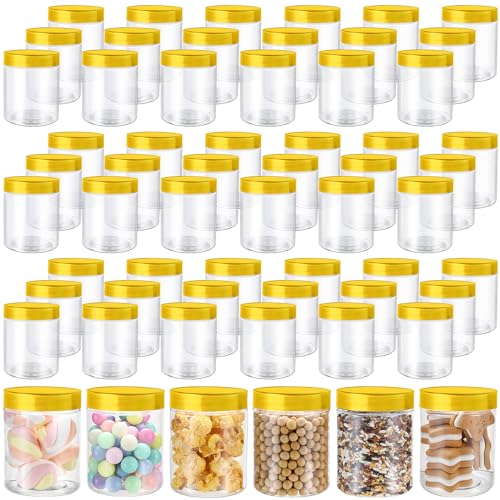 Sliner 60 Pcs 8 oz Plastic Jars with Lids Clear Round Leakproof Storage Containers Empty Refillable Plastic Mason Jars for Travel Storage Face Creams Kitchen Household Food Spice (Gold)