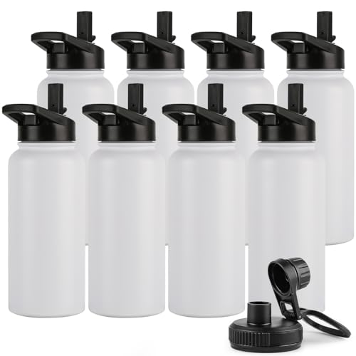 DOMICARE 32 oz Insulated Water Bottle Bulk, Vacuum Insulated Stainless Steel Sports Water Bottle with Straw Lid & Spout Lid, Leakproof, Reusable - Travel, Camping, Bike, White (8 Pack)