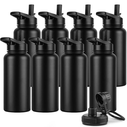 DOMICARE 32 oz Insulated Water Bottle Bulk, Vacuum Insulated Stainless Steel Sports Water Bottle with Straw Lid & Spout Lid, Leakproof, Reusable - Travel, Camping, Bike, Black (8 Pack)