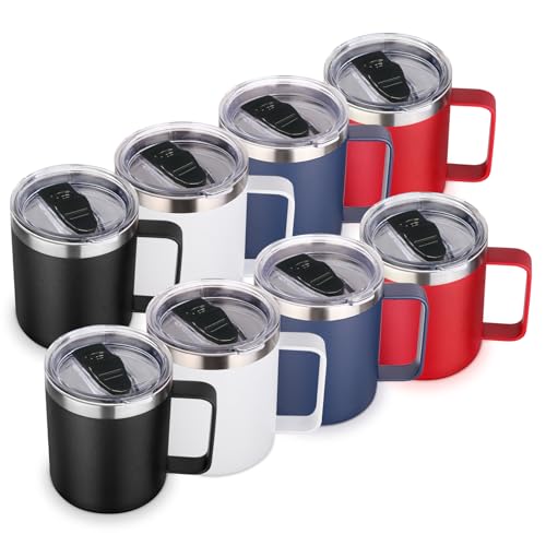 Volhoply 14oz Insulated Stainless Steel Coffee Mug with Lid Bulk 8 Pack,Double Wall Vacuum Travel Coffee Cup with Handle,Reusable Cups Tumbler Cup, Camping Mugs Keep Hot,Ideal Gifts(Assorted,8)