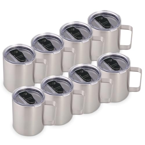 Volhoply 14oz Insulated Stainless Steel Coffee Mug with Lid Bulk 8 Pack,Double Wall Vacuum Travel Coffee Cup with Handle,Reusable Metal Cups Tumbler,Camping Mugs Keep Hot,Ideal Gifts(Silver,8)