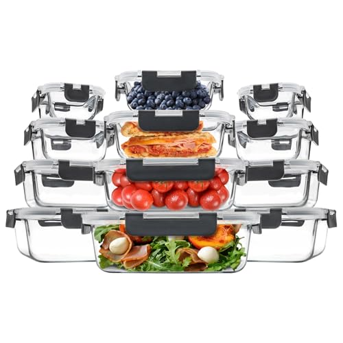 12 Pack Glass Food Storage Containers, Glass Storage Containers with Lids for Meal Prep, Lunch, Airtight, Freezer to Microwave Safe (12 Lids & 12 Containers)