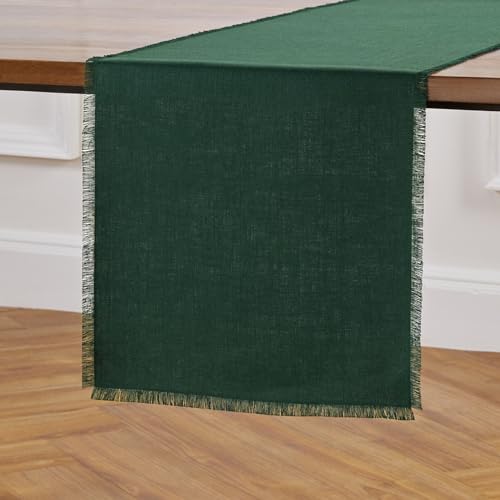 Solino Home Fringe Linen Table Runner 120 Inches Long - 100% Pure Linen Evergreen Dining Table Runner 14 x 120 Inch for Fall, Autumn, Thanksgiving, Christmas - Handcrafted and Machine Washable