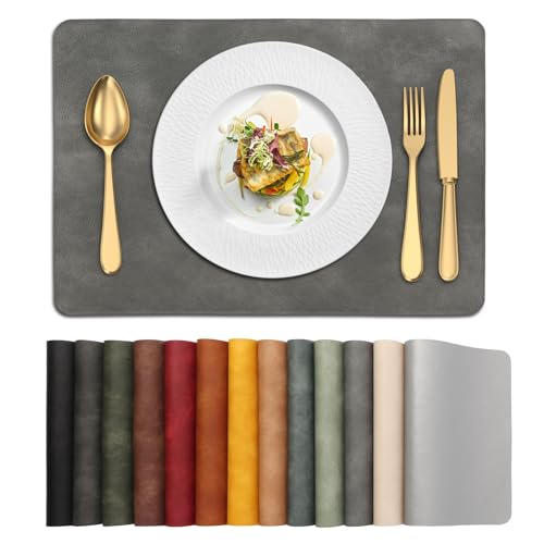 UnivoColors Washed Cowhide Pattern PU Leather Placemats Set of 8 Heat Resistant Kitchen Table Mats, Waterproof Wipeable for Party Decoration(Grey)