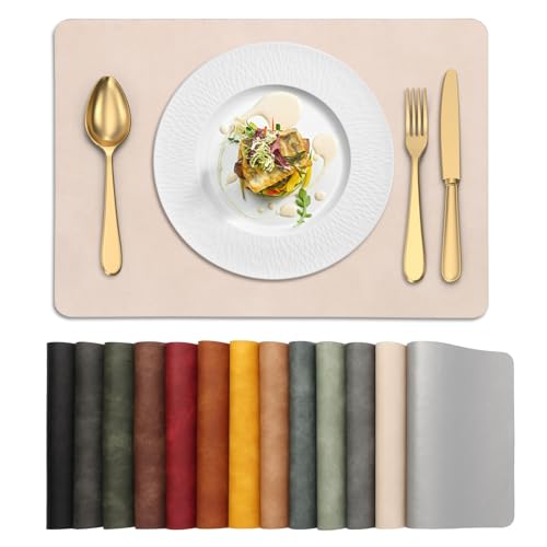 UnivoColors Washed Cowhide Pattern PU Leather Placemats Set of 8 Heat Resistant Kitchen Table Mats, Waterproof Wipeable for Party Decoration(Beige)