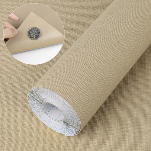 Self Adhesive Shelf Liner, Peel and Stick Drawer Liner Waterproof Contact Decor Liner with Grain Texture for Kitchen Walls Cabinets, Bedroom Classroom, Cover Book (Khaki, 17.5 x 393.7 inches)