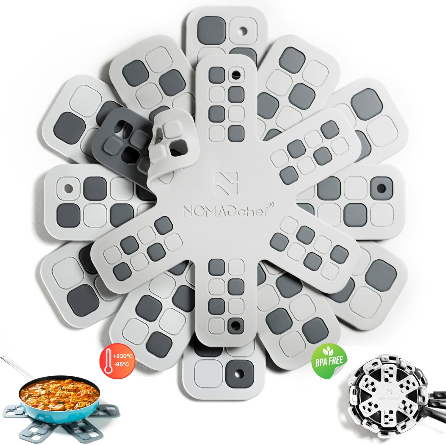 Dual-Use Silicone Pan Protectors for Stacking & Trivets for Hot Dishes | Silicone Trivet Mat | Perfect Pot and Pan Protectors for Stacking | Cookware Protectors for Stacking (6PCS-WHT/Grey)