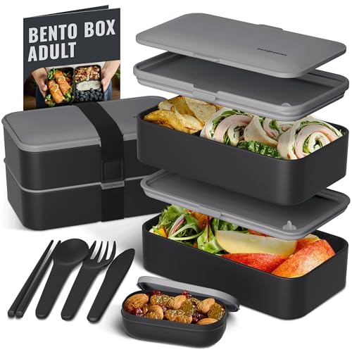 Bentoheaven Premium Bento Box Adult Lunch Box with Compartments for Women & Men, Set of Utensil & Chopsticks & Dip Container, Cute Japanese Kids Bento Lunch Box, Microwavable (Whispering Gray)