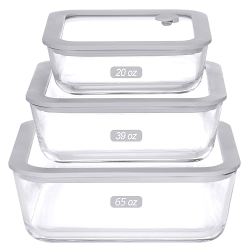 Glass Food Containers with Glass Lid, Microwave Safe Food Container Set, 3 Pack, Square Shape, Food Containers with Lids, Meal Prep containers with Leak Proof Lid.