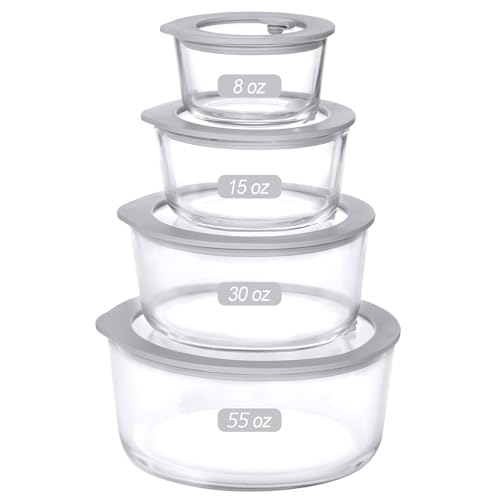 Glass Food Containers with Glass Lid, Microwave Safe Food Storage Container, Large 4 Pack Round Shape, Food Containers with Lids, Meal Prep containers with Leak Proof Lid.