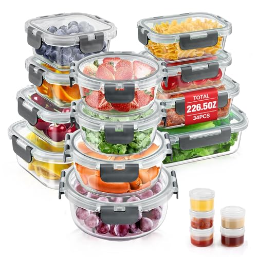 34pcs Glass Food Storage Containers with Lids Set, Airtight Glass Meal Prep Containers (17 Containers & 17 Lids), Leak Proof Lunch Container BPA-Free, Microwave, Oven, Freezer, Dishwasher Safe-Grey