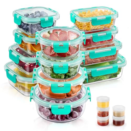34pcs Glass Food Storage Containers with Lids Set, Airtight Glass Meal Prep Containers (17 Containers & 17 Lids), Leak Proof Lunch Containers BPA-Free, Microwave, Oven, Freezer, Dishwasher Safe-Green
