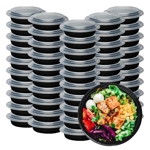 Klex 24 Oz, 150 Sets Meal Prep Containers with Airtight Lids, BPA Free, Reusable Plastic Food Container, 24 oz, Round, Black/Clear, 150 Sets