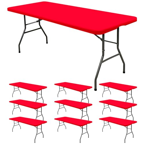 10 Pack Stretch Fabric Table Top Cap Cover, fits 8' Tables, Spandex Table Covers Washable Elastic Rectangle Tablecloth Protector for Indoor Outdoor Party Picnic Wedding, Red, 30" W x 96" L