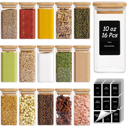 ComSaf 16Pcs Glass Spice Jars with Bamboo Lid, 10oz Airtight Square Containers with 275 Black Lables, Empty Seasoning Jars for Spice Salt Sugar
