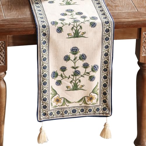 patdrea Designer Blue Rustic Elegant Floral Patterned Linen Table Runner 102 Inch Long,Wrinkle Resistant Table Mat
