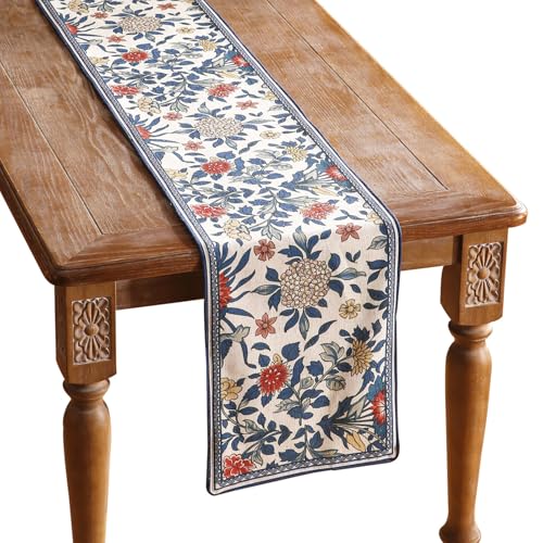patdrea Designer Blue Cottage Rustic Floral Patterned Linen Table Runner 102 Inch Long,Wrinkle Resistant Table Mat