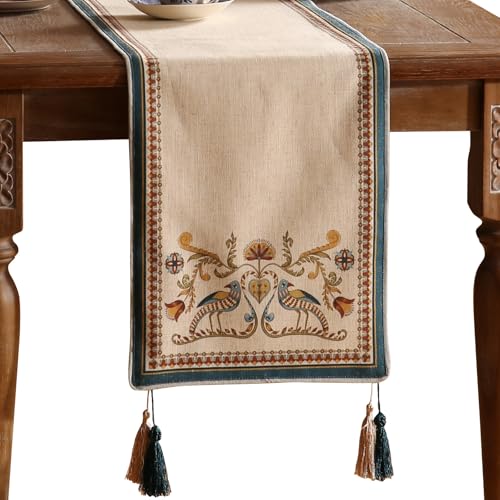 patdrea Designer Beige Farmhouse Geometric Patterned Linen Table Runner 102 Inch Long,Wrinkle Resistant Table Mat