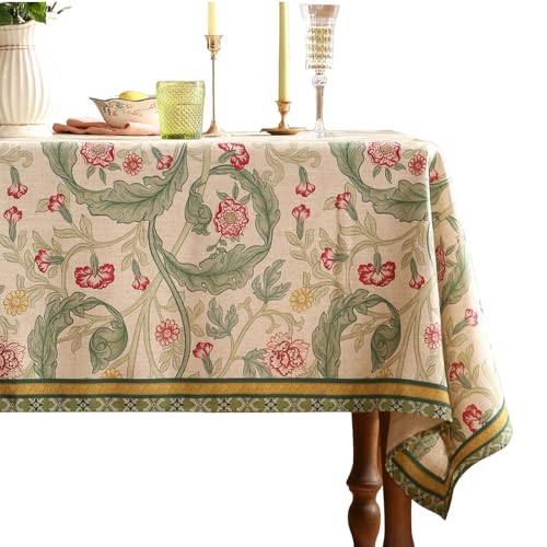 patdrea Designer Green Extra Long Table Cloth for Rectangle Table,Vintage Linen Leaves Pattern Tablecloth,Floral Cover Decor for Kitchen Dining Christmas,Thanksgiving,Tea Party,63"x110"-Cecilia a