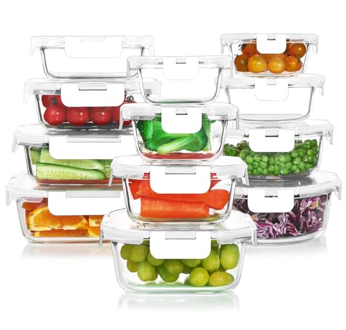 KOMUEE 24 Pieces Glass Food Storage Containers Set,Glass Meal Prep Containers-Stackable Airtight Glass Storage Containers with lids,Freezer, Microwave, Oven Safe,White