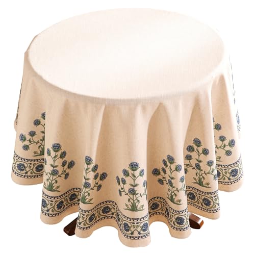 patdrea Designer Linen Blue Round Tablecloth,Vintage Leaves Pattern Floral Anti-Wrinkle Table Cloth,French Fall Dacorative Table Cover for Kitchen Dining,Thanksgiving,Party,Diameter 67"-Ivar B