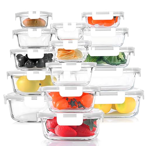 KOMUEE 30 Pieces Glass Food Storage Containers Set, Glass Meal Prep Containers Set with Snap Locking Lids, Airtight Glass lunch Containers, Microwave, Oven, Freezer & Dishwasher,White