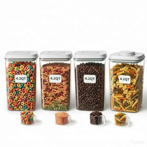 4 Pcs Large Pop Airtight Food Storage Containers Set with Lids, 4.2Qt/4L Food Containers with Scoop, Kitchen Pantry Organization and Storage, BPA Free Stackable Cereal Container (4 * 4.2Qt)