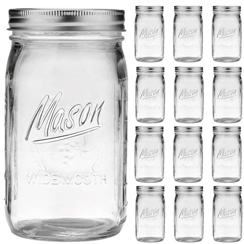 Wide Mouth Mason Jars 32 oz - 12 Pack