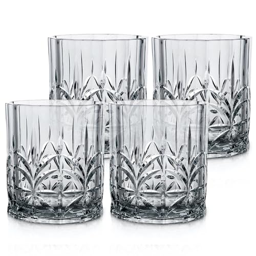 BELLAFORTE Shatterproof Tritan Plastic Short Tumbler, Set of 4, 13oz - Myrtle Beach Unbreakable Crystal Cut Old Fashioned Drinking Glasses for Party, Gifting - BPA Free - Dishwasher Safe - Smok Grey