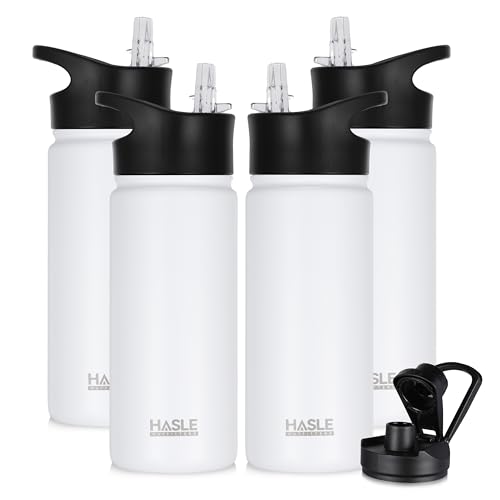 HASLE OUTFITTERS Insulated Water Bottle 16 oz Double Wall Vacuum Stainless Steel Water Bottle Leak Proof for School Wide Mouth with Straw Lid & Spout Lid Keeps Cold and Hot(White,4pack)
