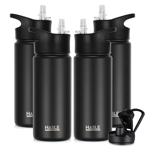 HASLE OUTFITTERS Insulated Water Bottle 16 oz Double Wall Vacuum Stainless Steel Water Bottle Leak Proof for School Wide Mouth with Straw Lid & Spout Lid Keeps Cold and Hot(Black,4pack)
