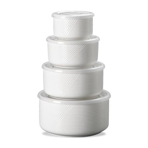 Ceramic Nesting Bowls with Lids: Mixing Bowls with Lids - Porcelain Food Storage Containers For Prep and Serving, Microwavable Kitchen Bowl Set of 4, 50/32/20/10 oz (White)