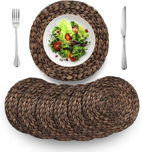 (4 Sizes: 12"-13" 14"-15") BARIEN Rustic Woven Placemats Round Set of 6, Natural Water Hyacinth Weave Placemat for Dining Table, Large Handmade Woven Placemats Heat Resistant Non-Slip (15" - Set 6)