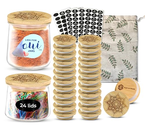 Oui Yogurt Jar Lids Bamboo Mandala  24-Pack Airtight Bamboo Lids for Oui Glass Jars  Fits Regular & Petite Yogurt Jars  Reusable Jar Tops with Labels & Storage Bag