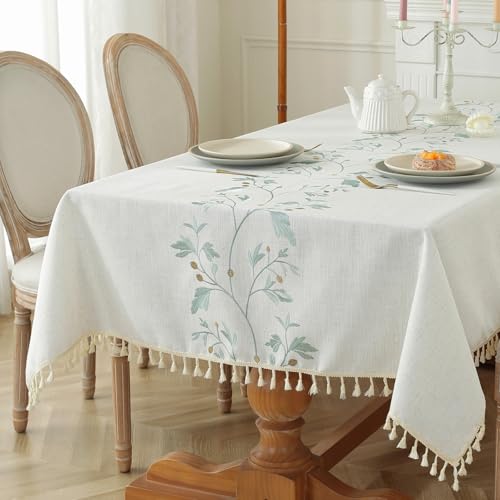 Alsoo Rectangle Tablecloths, Embroidery Table Cloths for Rectangle Tables, Rustic Waterproof Tablecloths, Wrinkle Free Anti-Fading, Soft Fabric with Tassels Table Covers for Dining, Kitchen and Party