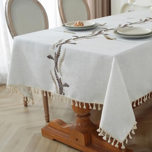 Alsoo Rectangle Table Cloth, Waterproof Cotton Linen Tablecloth Wrinkle Free Farmhouse Dining Table Cover, Soft Fabric Tablecloths with Tassels, Beige, 55" X 120", 10-12 Seats