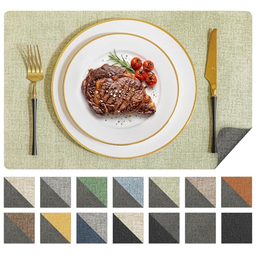 Romanstile Reversible Vinyl Placemats Set of 8, Faux Leather 100% Waterproof Oil-Proof Wipeable Place Mats, Heat Resistant Dual Sided Table Mats for Kitchen/Dining/Party (Grey Green, 12 x 17 Inch)