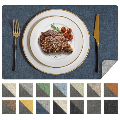 Romanstile Reversible Vinyl Placemats Set of 8, Faux Leather 100% Waterproof Oil-proof Wipeable Place Mats, Heat Resistant Dual Sided Table Mats for Kitchen/Dining/Party (Grey Nave Blue, 12 x 17 Inch)