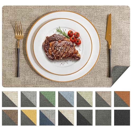 Romanstile Reversible Vinyl Placemats Set of 8, Faux Leather 100% Waterproof Oil-Proof Wipeable Place Mats, Heat Resistant Dual Sided Table Mats for Kitchen/Dining/Party (Grey Khaki, 12 x 17 Inch)
