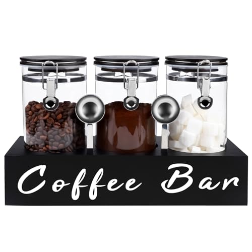 3 x 54 oz Glass Coffee Bean Storage Container with Shelf 3PCS Glass Containers with Airtight Locking Clamp Lid Spoons Coffee Canister Set Jars for Kitchen Food Storage Tea Sugar Black