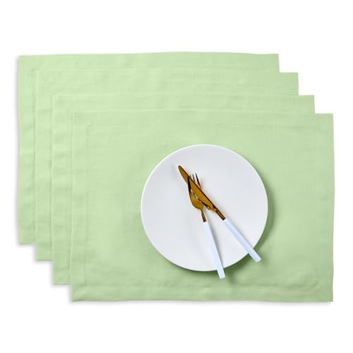 Solino Home Linen Cloth Placemats Set of 4-100% Pure Linen Pastel Green Placemats 14 x 19 Inch - Fete