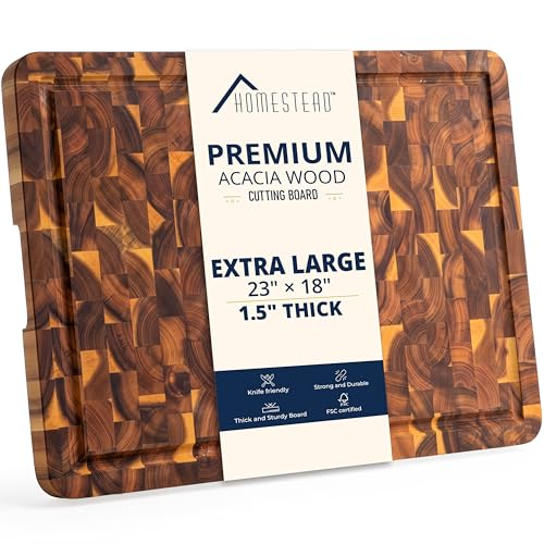 HOMESTEAD End Grain Acacia Wood Cutting Boards 23x18x1.5 Butcher Block Chopping Board with Sorting Compartment, Juice Grooves & Handles Non-Toxic Kitchen Board for Food Prep, Home Decor
