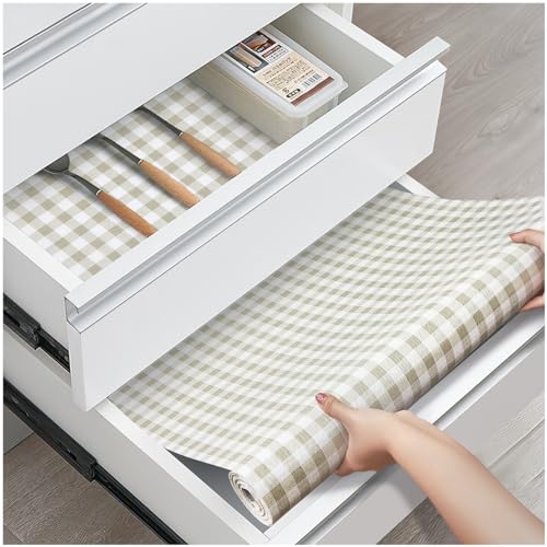 Drawer and Shelf Liner, Non-Slip Kitchen Cabinet Liners Non-Adhesive Thick Strong Grip Waterproof Washable Mats Protect Dresser Shelves Cupboard Bathroom Cabinets, Green Plaid, 24 in X 10 FT