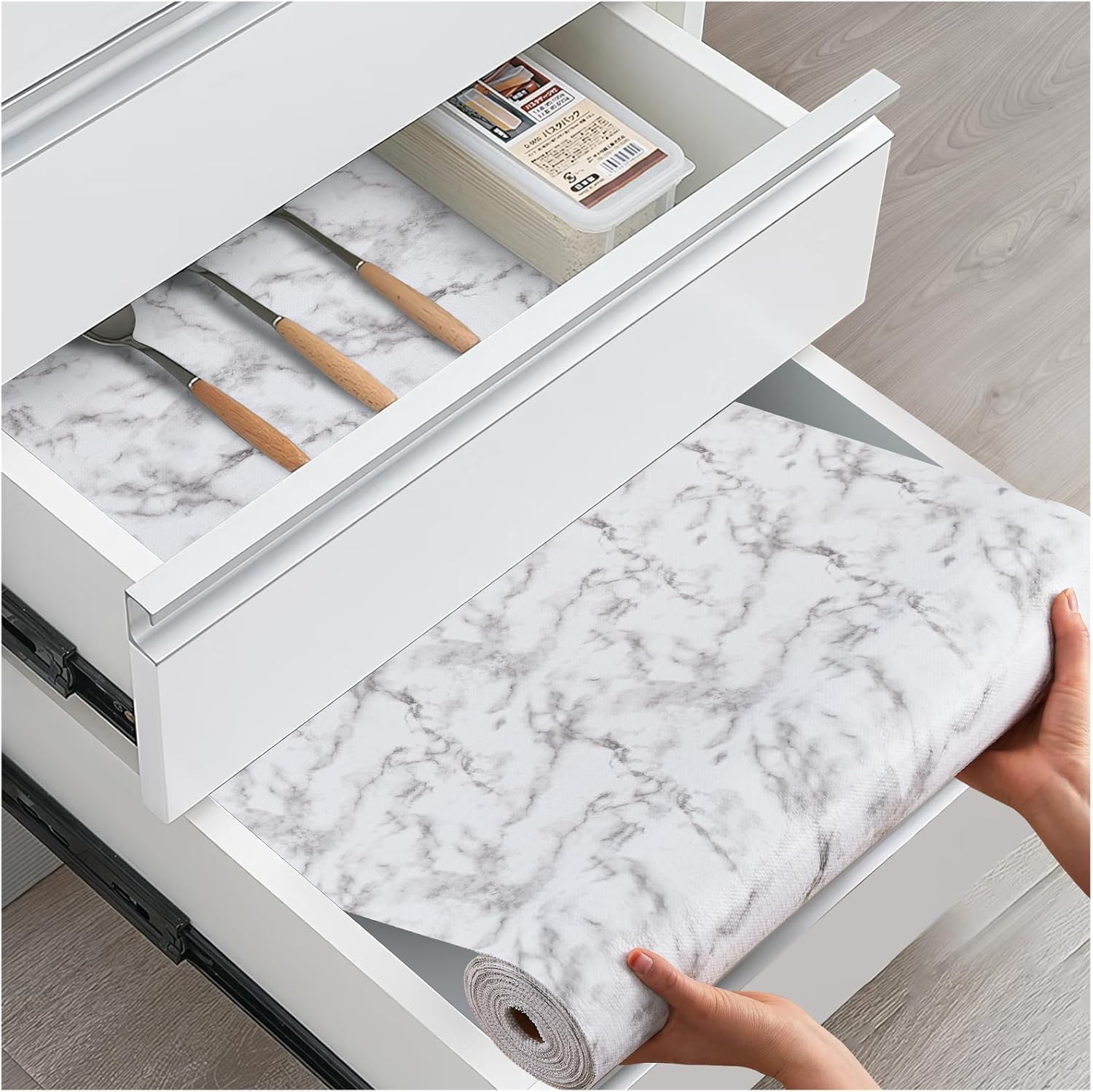 Drawer and Shelf Liner, Non-Slip Kitchen Cabinet Liners Non-Adhesive Thick Strong Grip Waterproof Washable Mats Protect Dresser Shelves Cupboard Bathroom Cabinets, White Marble, 18 in X 20 FT