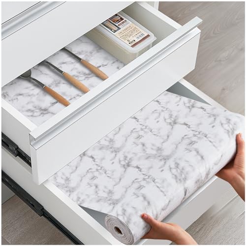 Drawer and Shelf Liner, Non-Slip Kitchen Cabinet Liners Non-Adhesive Thick Strong Grip Waterproof Washable Mats Protect Dresser Shelves Cupboard Bathroom Cabinets, White Marble, 12 in X 30 FT