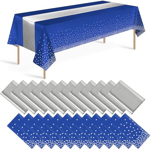24 Pack Blue and Silver Tablecloth and Table Runner Party Decorations, Blue and Silver Plastic Disposable Tablecloth and Satin Table Runner for Wedding Birthday Bridal Graduation Anniversary Party