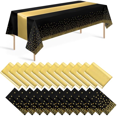 24 Pack Black and Gold Tablecloth and Table Runner Set Party Decorations, Black and Gold Plastic Disposable Tablecloth and Satin Table Runner for Wedding Birthday Bridal Graduation Anniversary Party