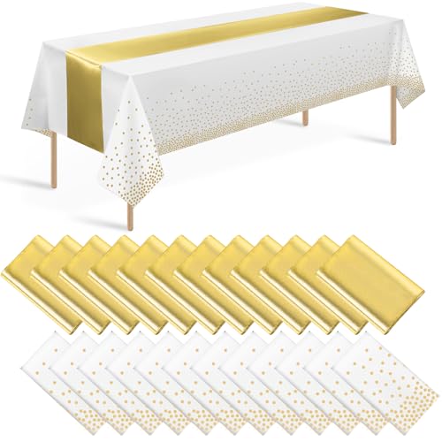 24 Pack White and Gold Tablecloth and Table Runner Set Party Decorations, White and Yellow Gold Plastic Disposable Tablecloth and Satin Table Runner for Wedding Birthday Graduation Anniversary Party