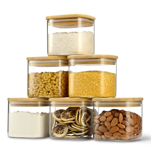 22oz Airtight Square Spice Containers with Bamboo Lid Set of 6 (650ml) Kitchen Pantry Organization Jar Stackable Spice Jar, for Sugar, Tea, Cookies and Coffee beans (with Black Lable)