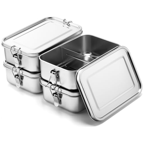 Umigy 4 Pcs Stainless Steel Food Containers Metal Bento Lunch Box Stainless Steel Food Storage Containers, Lockable Clips to Leak Proof, Reusable Dishwasher Snack Boxes for Work, Picnic (1400ml)